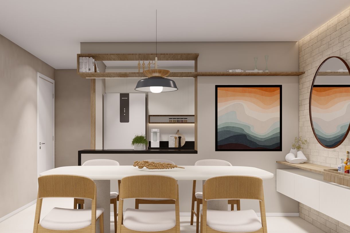 Imagem 3D da sala de jantar: mesa branca, quadro em tons de laranja e espelho redondo