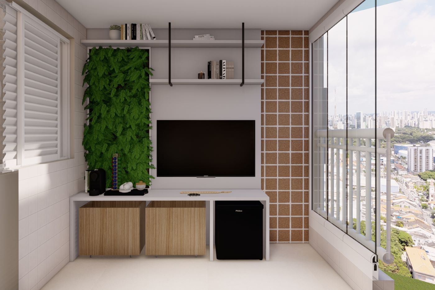 Imagem 3D da varanda: jardim vertical, painel da TV e revestimento terracota
