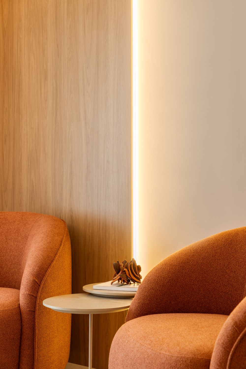Projeto ES: poltronas terracota junto ao painel de madeira com luz embutida